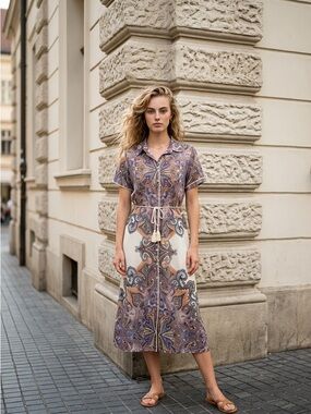 Made in Italy Printed Shirt Dress with Tassel Tie in Lavender Multi